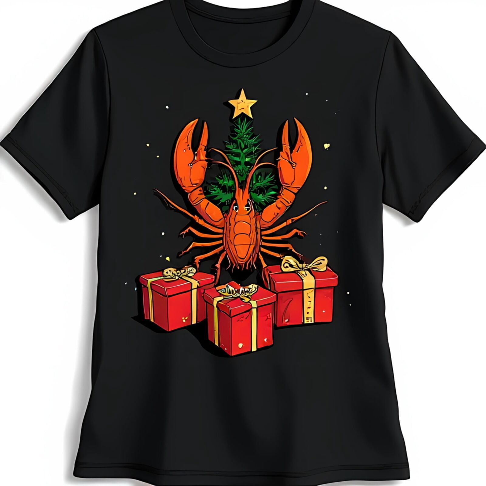 Festive Black TShirt with Celebratory Lobster Under Christmas Tree
