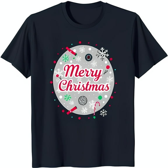 Festive Black T-Shirt with Cheerful Christmas Graphic: Snowflakes Candy Canes & Pucks