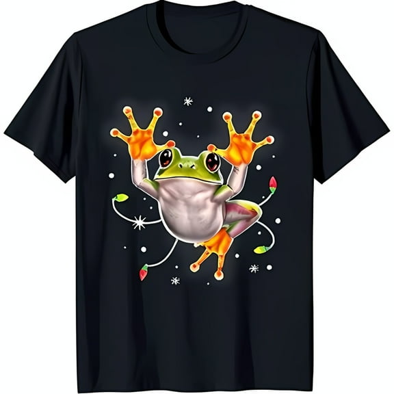 Festive Black T-Shirt with Cheerful Clinging to Christmas Lights