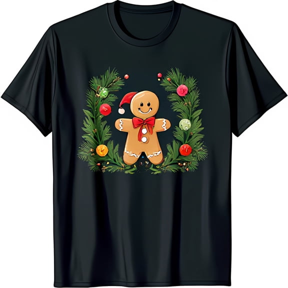 Festive Black T-Shirt with Cheerful Gingerbread Man Graphic & Christmas Ornaments
