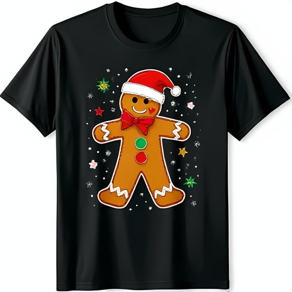 Festive Black T-Shirt with Cheerful Gingerbread Man in Santa Hat