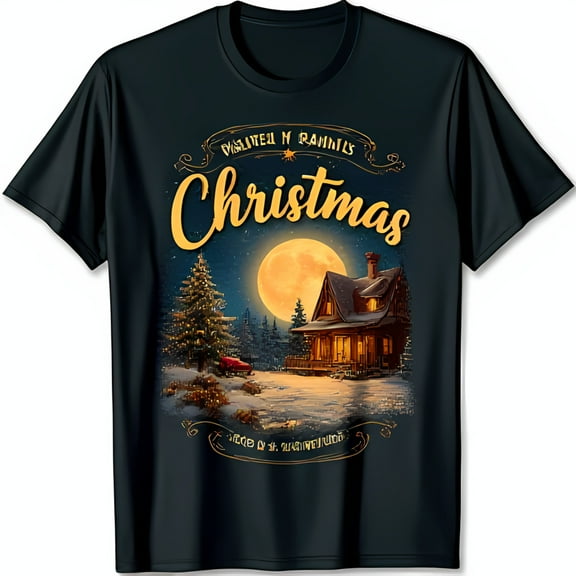 Festive Black T-Shirt with Christmas Cabin Design & Full Moon N Rannis Christmas