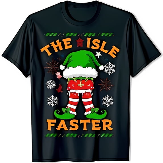 Festive Black T-Shirt with Christmas Design The Isle Faster Graphic Snowflakes & Lights