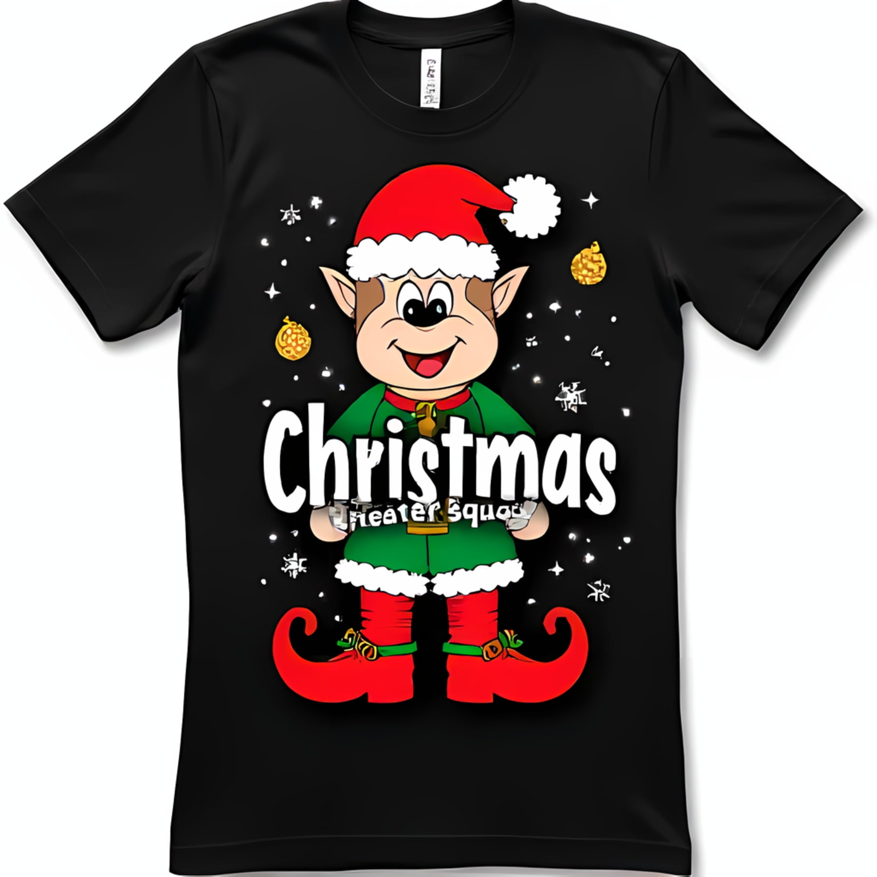 Festive Black TShirt with Christmas Graphic Squad Design Snowflakes