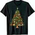 Festive Black TShirt with Christmas Tree Ornaments and Snowflakes