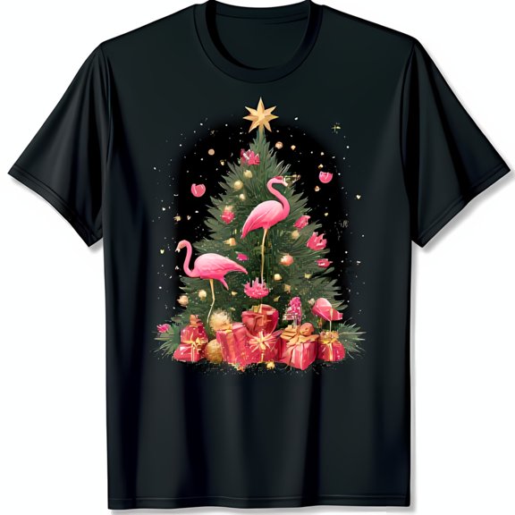 Festive Black T-Shirt with Christmas Tree Pink Flamingos Gold Ornaments & Red Presents