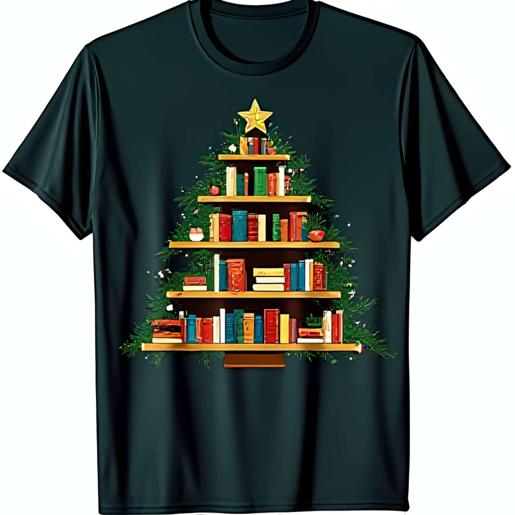 Festive Black TShirt with Colorful Bookshelf Christmas Tree Graphic