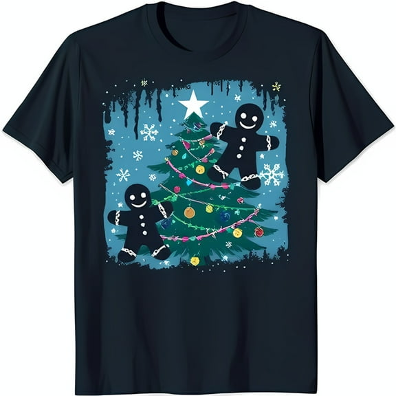 Festive Black T-Shirt with Colorful Christmas Tree & Gingerbread Men Graphic