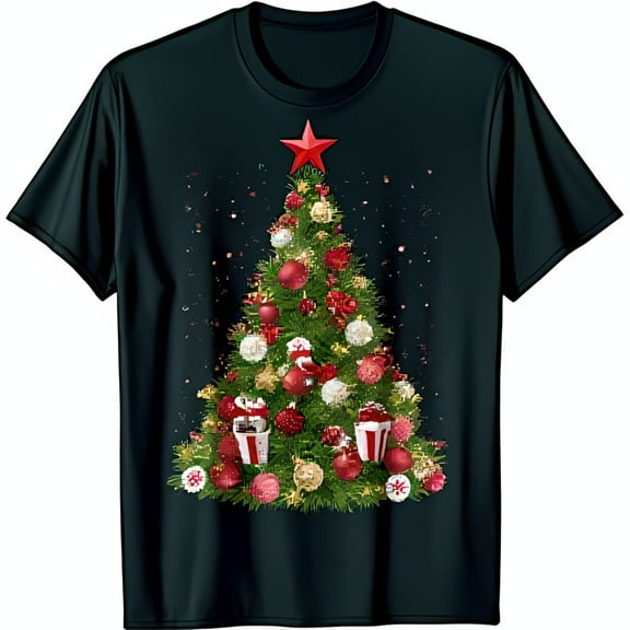 Festive Black T-Shirt with Colorful Christmas Tree Graphic & Ornaments