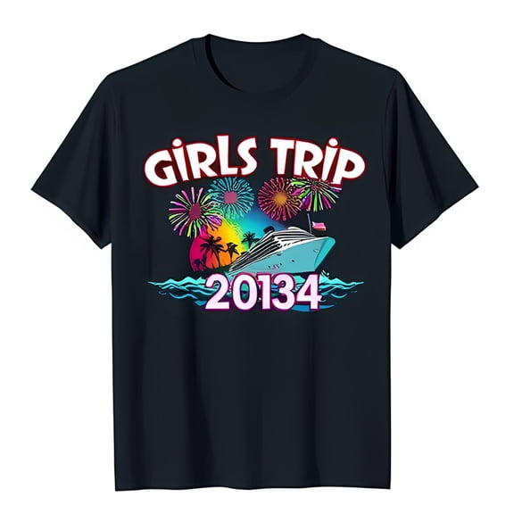 Festive Black T-Shirt with Colorful Cruise Ship Graphic & Trip 20134
