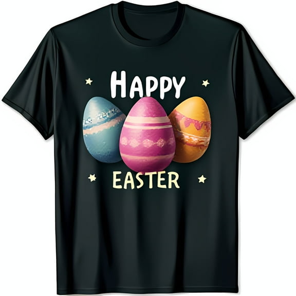 Festive Black T-Shirt with Colorful Easter Eggs Design Happy Easter Graphic Tee