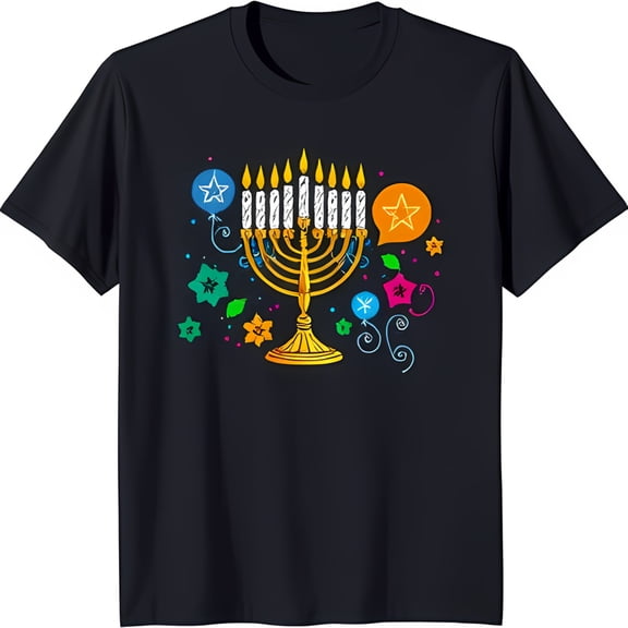 Festive Black T-Shirt with Colorful Menorah Illustration and Lit Candles for Celebration