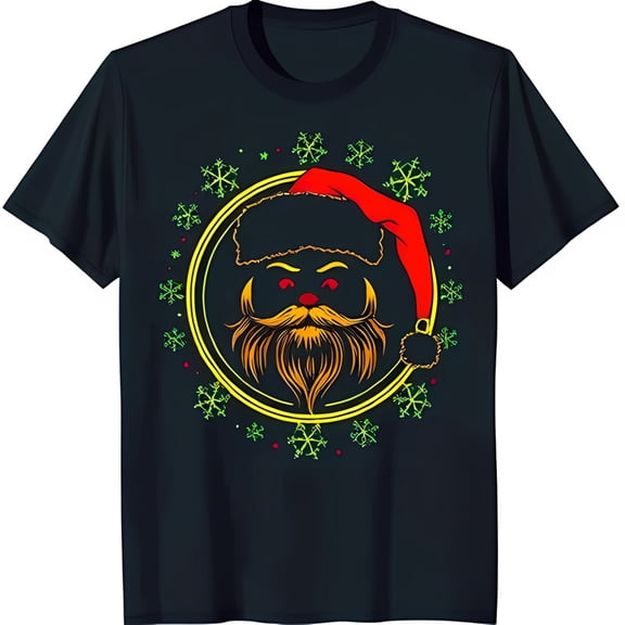 Festive Black T-Shirt with Colorful Santa Face