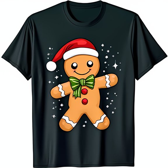Festive Black T-Shirt with Cute Gingerbread Man in Santa Hat & Green Bow Tie Holiday