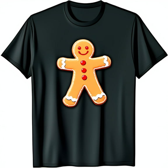 Festive Black T-Shirt with Gingerbread Man Chest Graphic Holiday Cheer