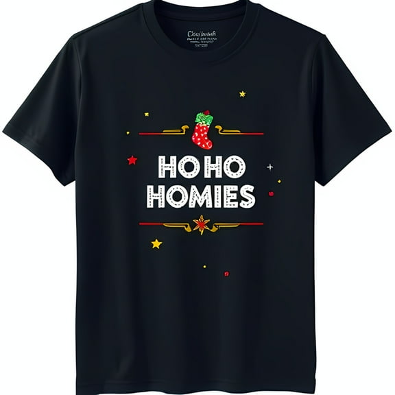 Festive Black T-Shirt with Glittery HO HO HOMIES Graphic & Holiday Design