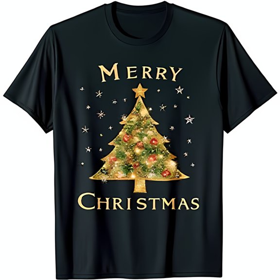 Festive Black T-Shirt with Gold Glitter Christmas Tree & 'Merry Christmas' Design