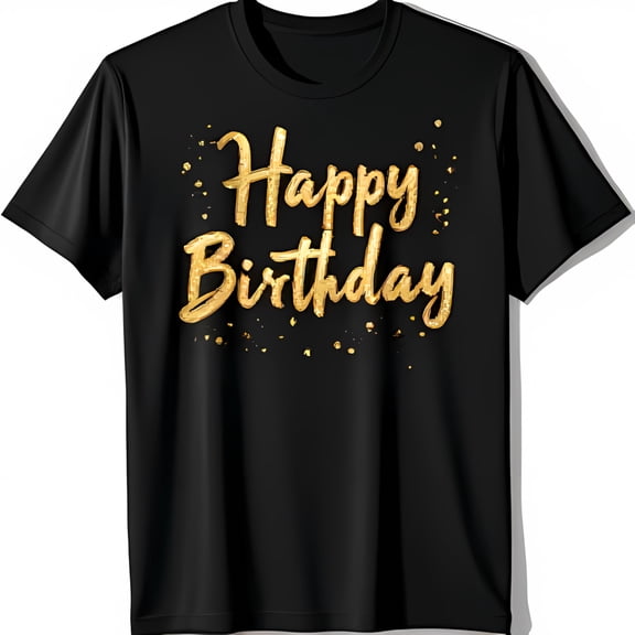 Festive Black T-Shirt with Gold Glitter Happy Birthday Design Soft & Comfortable