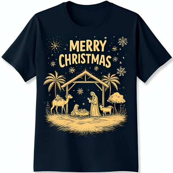 Festive Black T-Shirt with Gold Nativity Scene Graphic & Merry Christmas Design