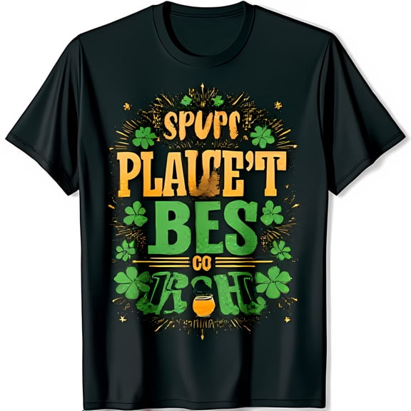 Festive Black T-Shirt with Gold Script 'SPUFF PLACE'T BEST CO ISH' & Shamrocks