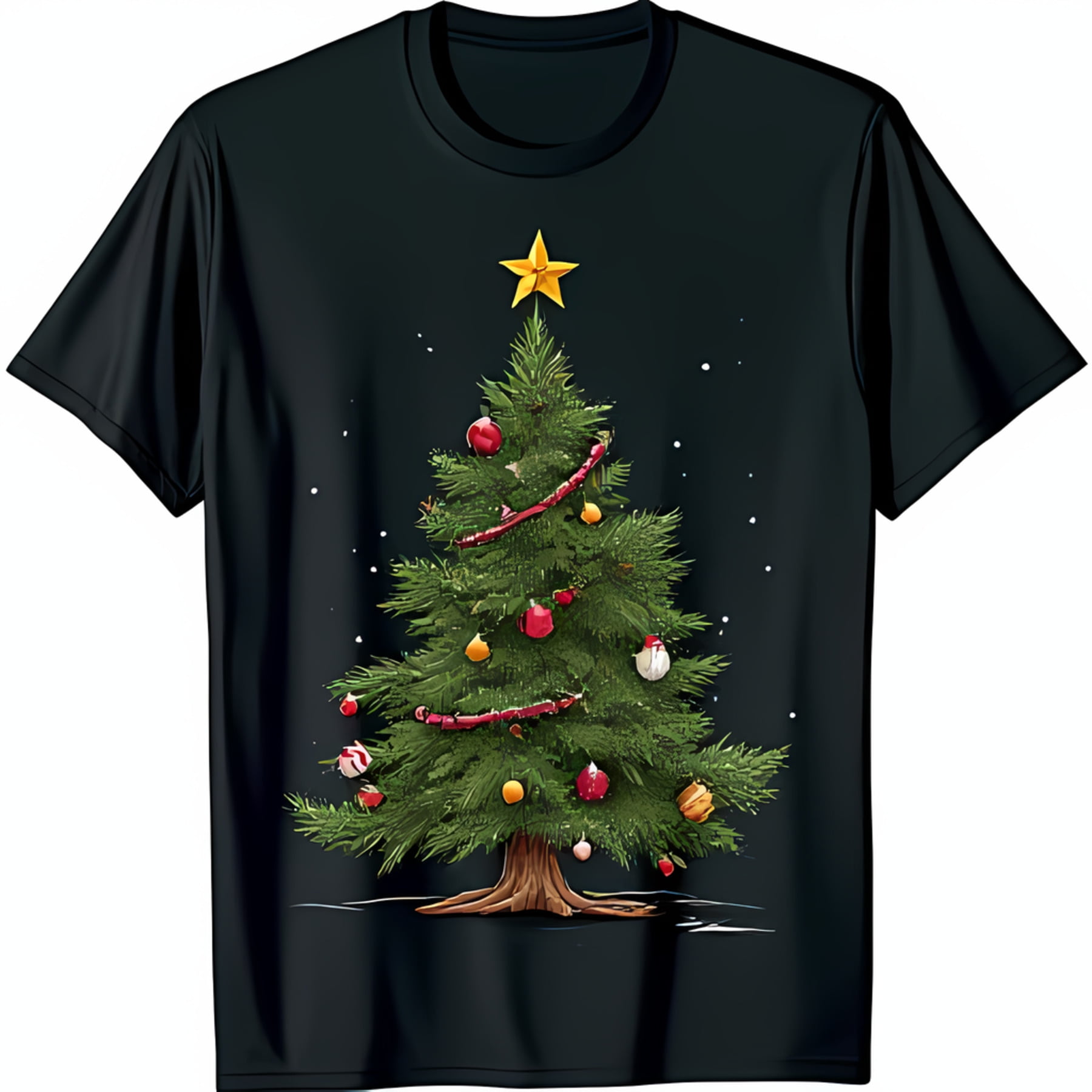 Festive Black TShirt with Graphic Christmas Tree Design & Ornaments