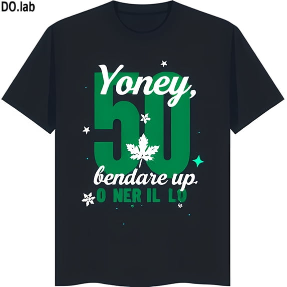 Festive Black T-Shirt with Green '50' Graphic & Fun Text