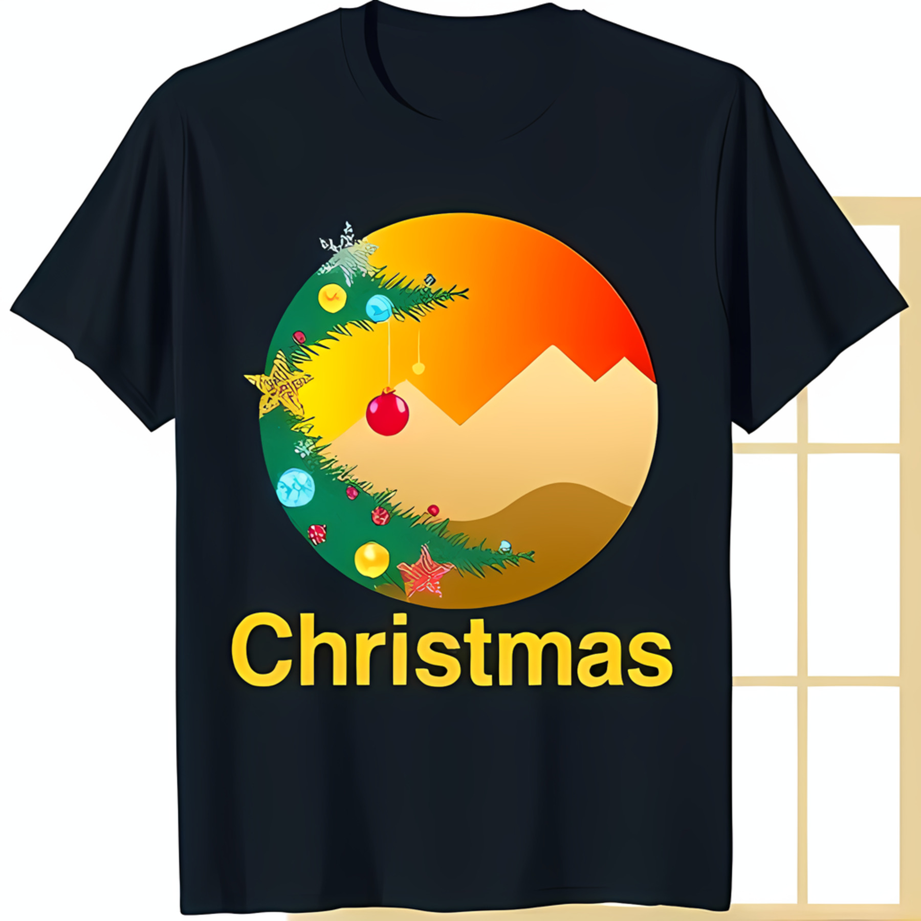 Festive Black TShirt with Green Christmas Tree Ornaments & Moon Design
