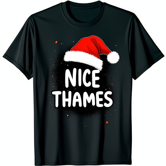 Festive Black T-Shirt with Grunge 'Nice Thames' Graphic & Santa Hat Design