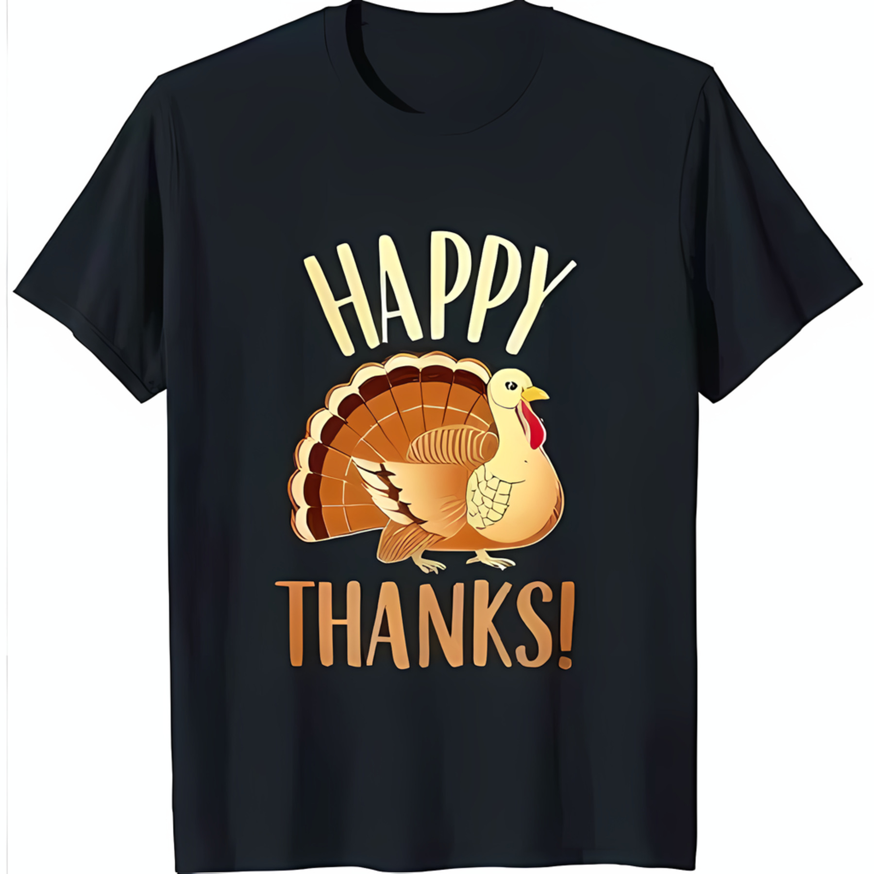 Festive Black TShirt with 'Happy Thanks ' Graphic & Cartoon Turkey