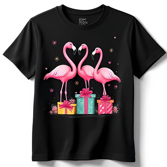 Festive Black T-Shirt with Heart Shaped Flamingos & Colorful Boxes