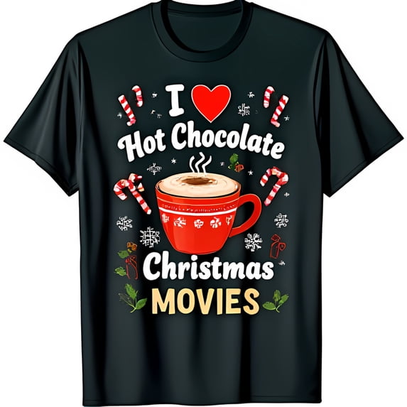 Festive Black T-Shirt with I Love Hot Chocolate & Christmas Movies Design Snowflakes & Candy Canes