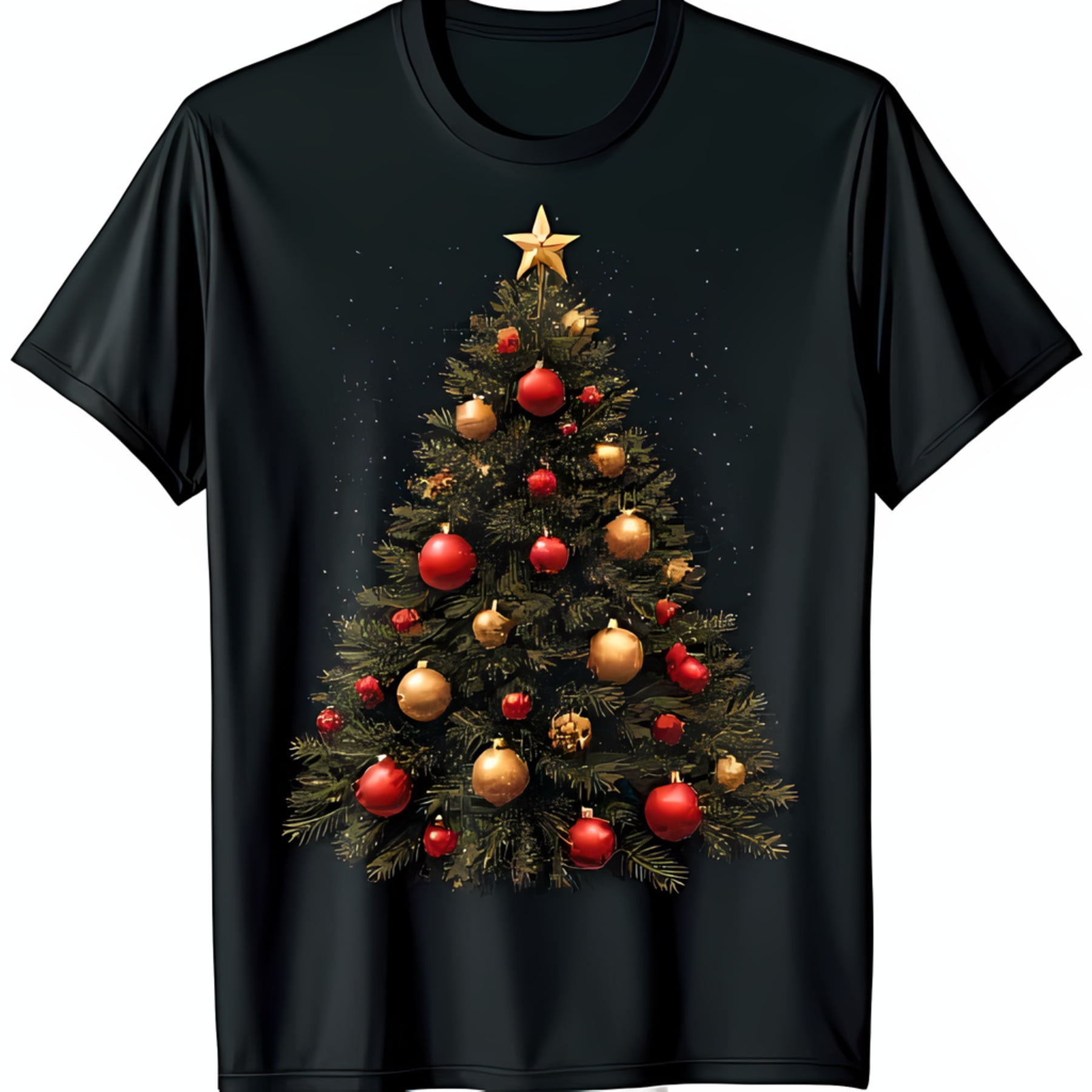 Festive Black TShirt with Intricate Christmas Tree Design Ornaments