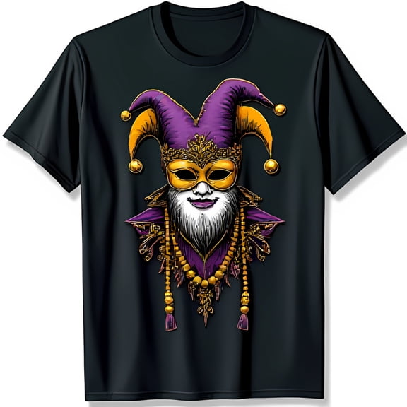 Festive Black T-Shirt with Jester Face Graphic Golden Mask & Hat for Mardi Gras
