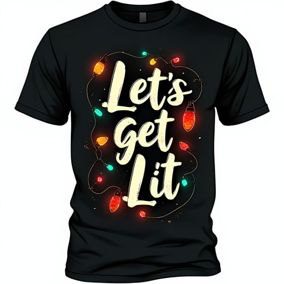 Festive Black T-Shirt with 'Let's Get Lit' Graphic & Christmas Lights Design