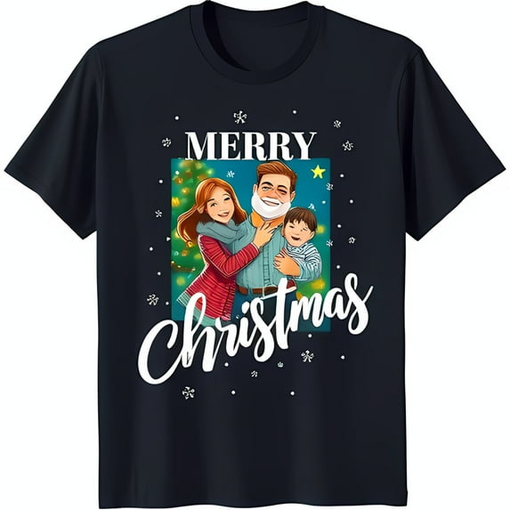 Festive Black T-Shirt with 'Merry Christmas' Graphic & Family Photo