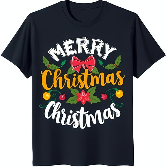 Festive Black T-Shirt with Merry Christmas Script Red Bow & Holly Design