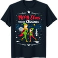 thumbnail image 1 of Festive Black T-Shirt with Merry Elves Design Christmas Tree Stars & Snowflakes, 1 of 5