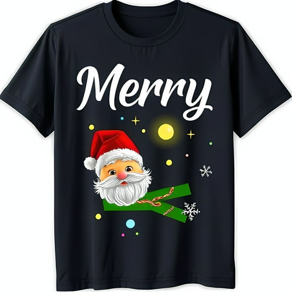 Festive Black T-Shirt with 'Merry' Graphic & Santa Claus Design Holiday Cheer