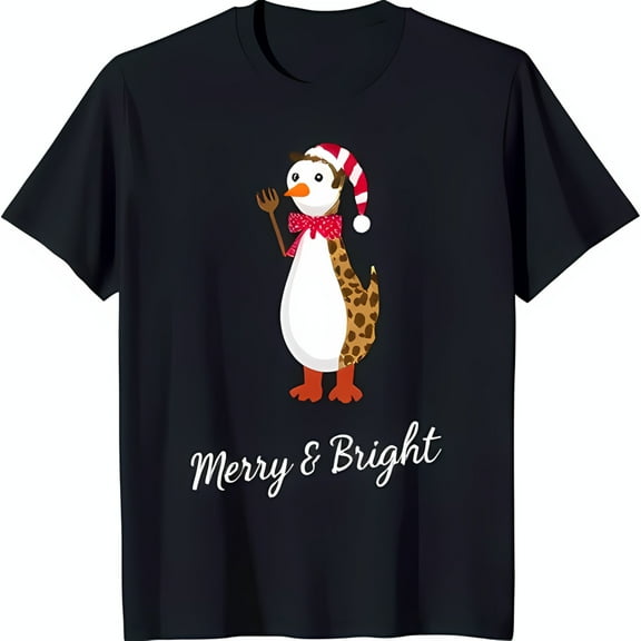 Festive Black T-Shirt with Penguin in Santa Hat & Bow Tie 'Merry & Bright' Graphic