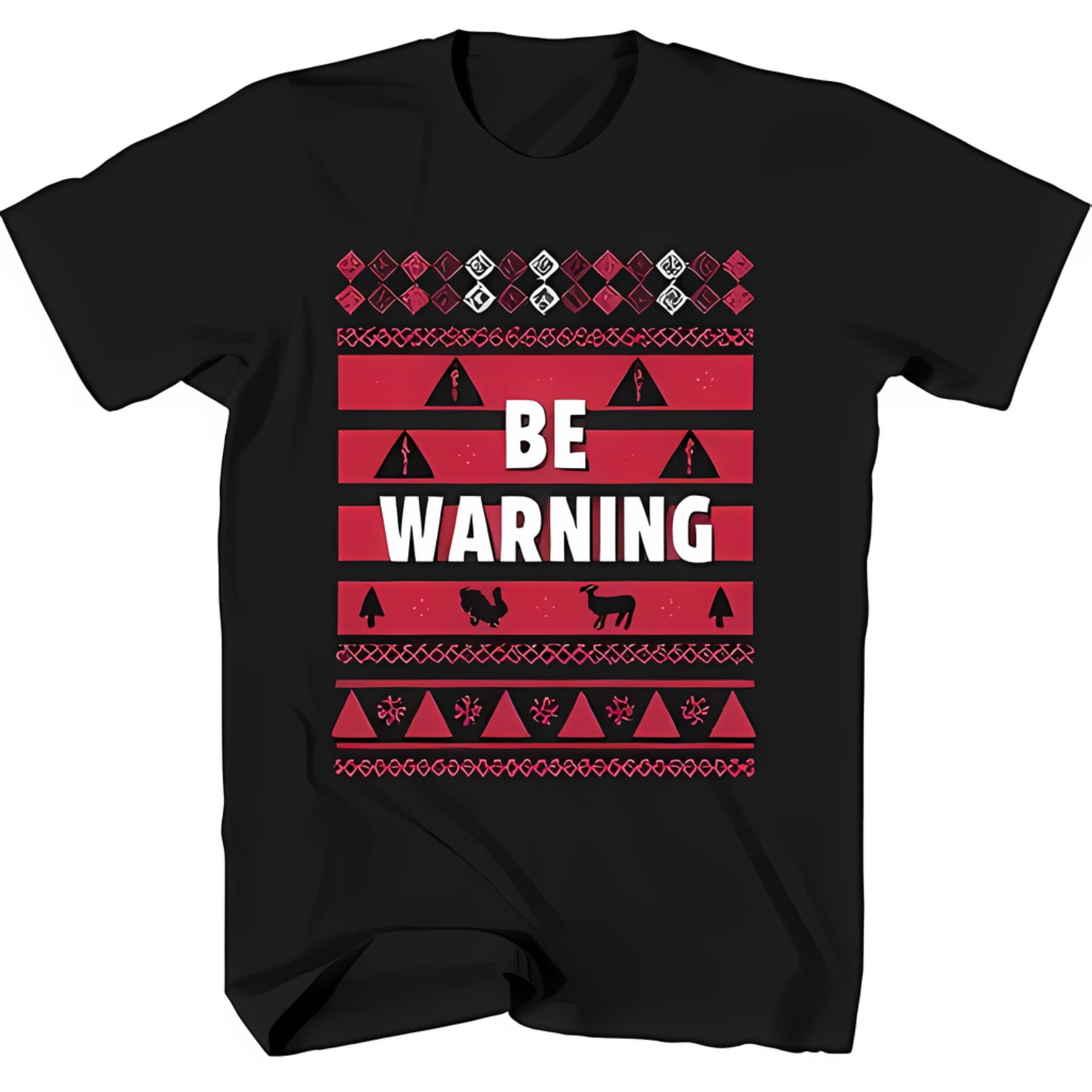 Festive Black TShirt with Red Christmas Graphic Snowflakes Trees Deer