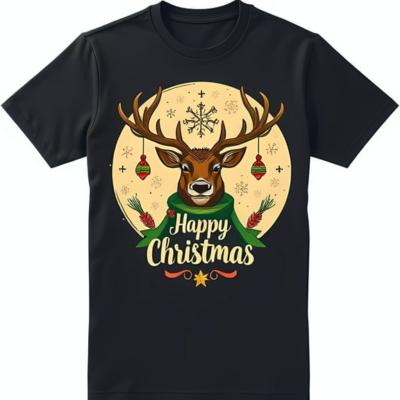 Festive Black T-Shirt with Reindeer Graphic Green Scarf & Design Happy Christmas