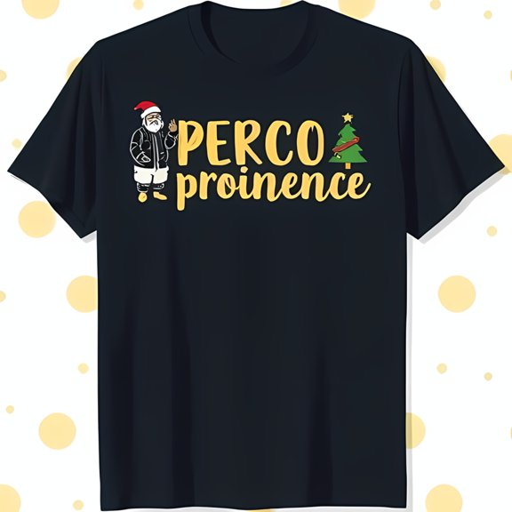 Festive Black T-Shirt with Santa Claus & Christmas Tree Graphic 'PERCO Proinence'