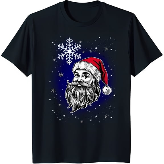 Festive Black T-Shirt with Santa Claus Face and Design Christmas