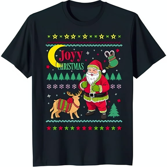 Festive Black T-Shirt with Santa Claus Reindeer and 'Joyy Christmas' Graphic