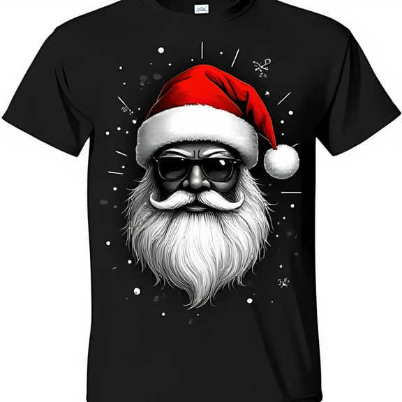 Festive Black T-Shirt with Santa Claus in Sunglasses & Holiday Design