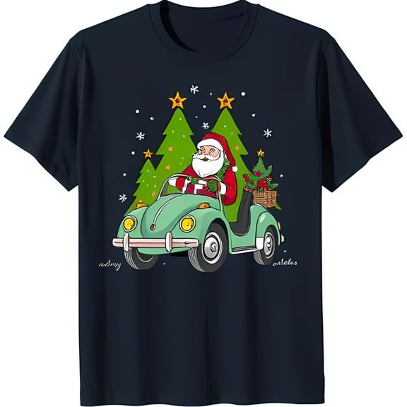 Festive Black T-Shirt with Santa Driving a & Christmas Trees