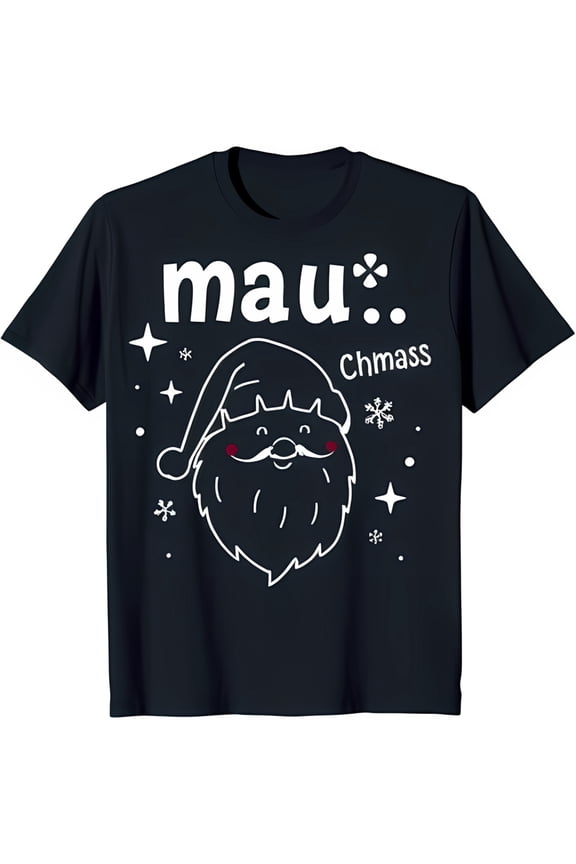 Festive Black T-Shirt with Santa Graphic Smiling Face & Holiday Cheer