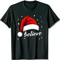 thumbnail image 1 of Festive Black T-Shirt with Santa Hat Graphic & Believe Text Holiday Cheer, 1 of 5