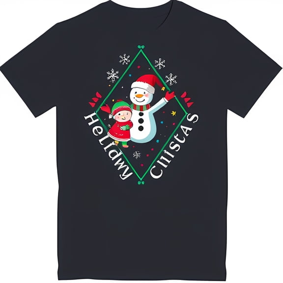 Festive Black T-Shirt with Snowman & Graphic Holiday Cheer