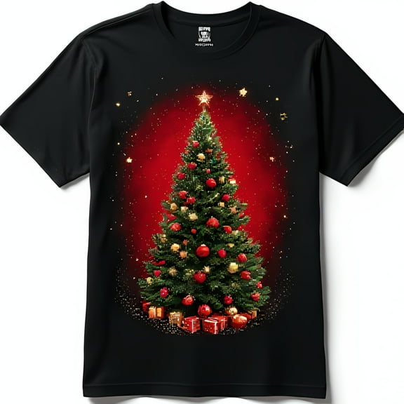 Festive Black T-Shirt with Vibrant Green Christmas Tree Graphic & Ornaments